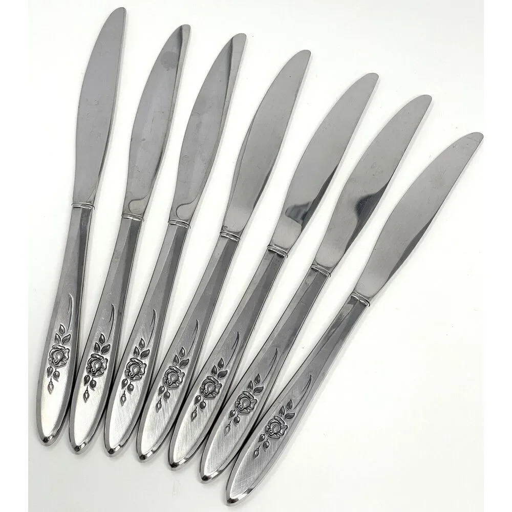 Vintage Oneida Community ROSE SHADOW Stainless Dinner Knives 9 3/8